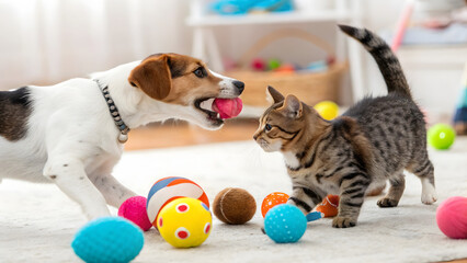 Fototapeta na wymiar Playful pet care engaging dogs and cats with colorful toys in a cozy indoor space