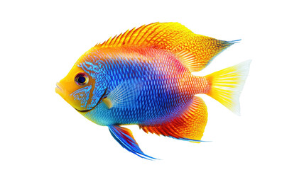 A colorful tropical fish with vibrant orange, blue, and yellow scales, swimming gracefully, isolated on a transparent background.