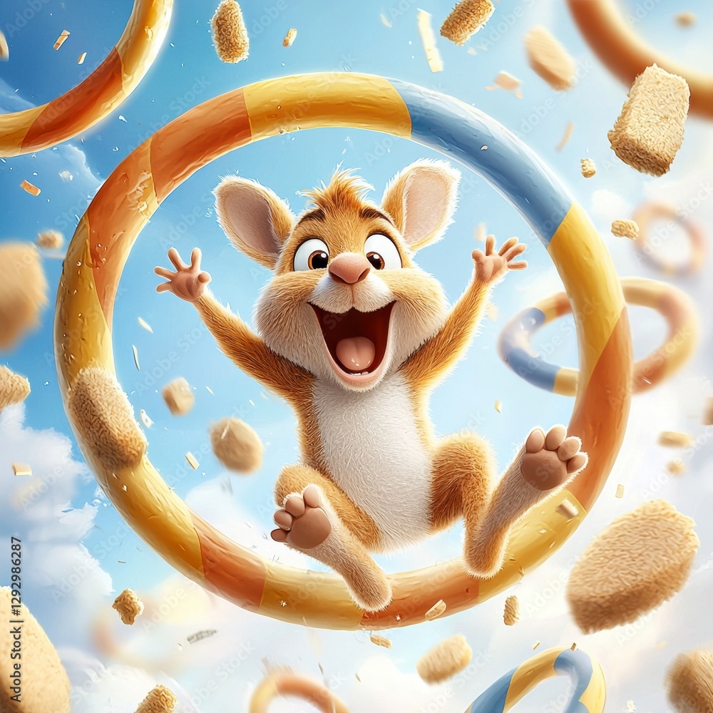 Poster joyful rabbit jumping through colorful rings in a whimsical sky animated scene playful environment c
