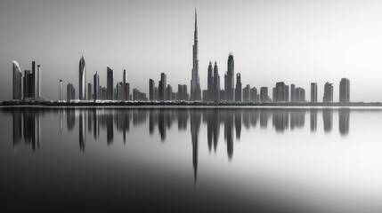 Cityscape reflection, calm waters, hazy day, urban panorama, travel