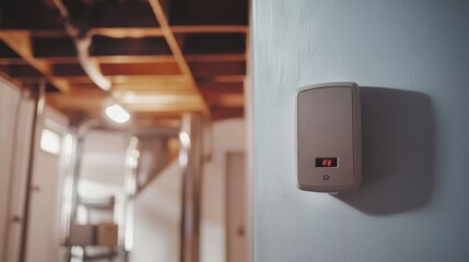 Carbon monoxide alarm near a furnace in a neat basement. Featuring vigilance and safety