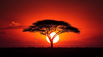Obraz premium A silhouette of a tree against a fiery sunset sky, with the sun just touching the horizon, creating a dramatic contrast between the dark tree and the bright colors of the sky.