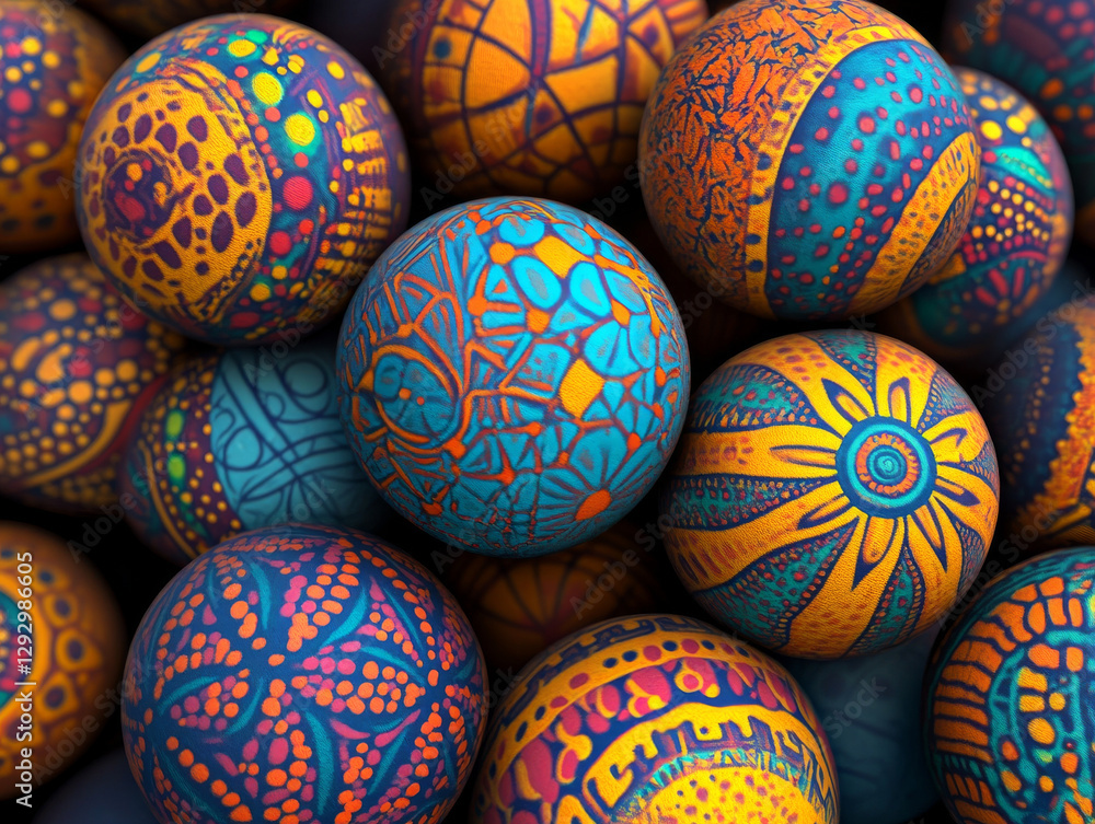 Poster vibrant, colorful spheres with intricate patterns and designs create stunning visual display