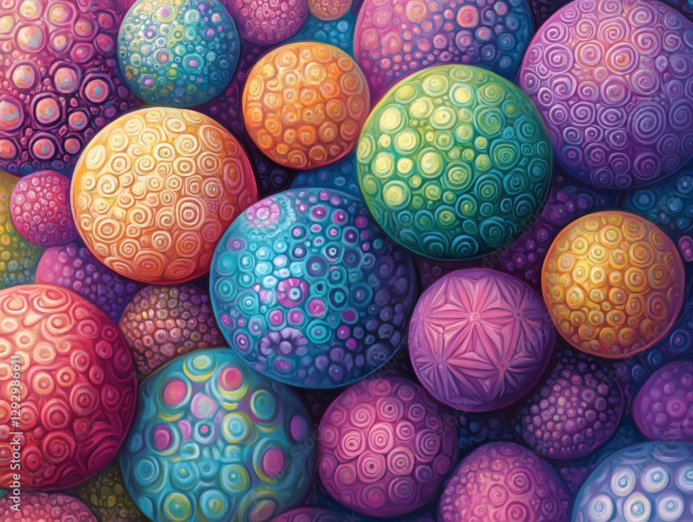 Poster colorful abstract spheres with intricate patterns create vibrant visual experience. design features 