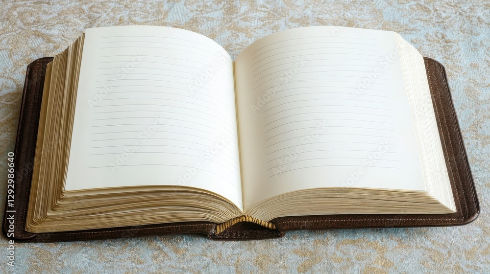 Poster an open book with blank pages rests on patterned fabric