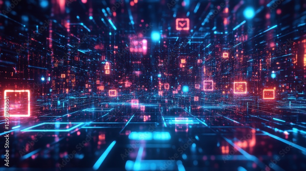 Aufkleber futuristic digital landscape with glowing neon squares and lines in a high-tech data environment