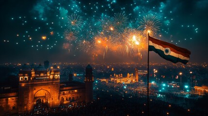 Obraz premium A vibrant scene of fireworks exploding in the night sky above a city, with a large national flag waving in the foreground. Families gather to watch and celebrate Independence Day.
