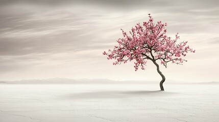 Solitary Pink Tree in White Desert Under Cloudy Sky