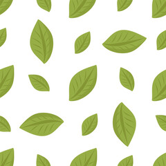 Naklejka premium Seamless pattern with green tropical leaves in flat style on white background