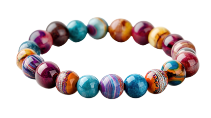A colorful beaded bracelet with a mix of vibrant hues, featuring a bohemian style, isolated on a transparent background.