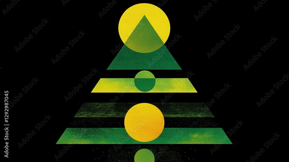 Poster abstract geometric design featuring a layered tree shape with circular elements and a sun