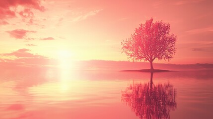 Solitary Pink Tree Reflecting in Calm Sunset Water