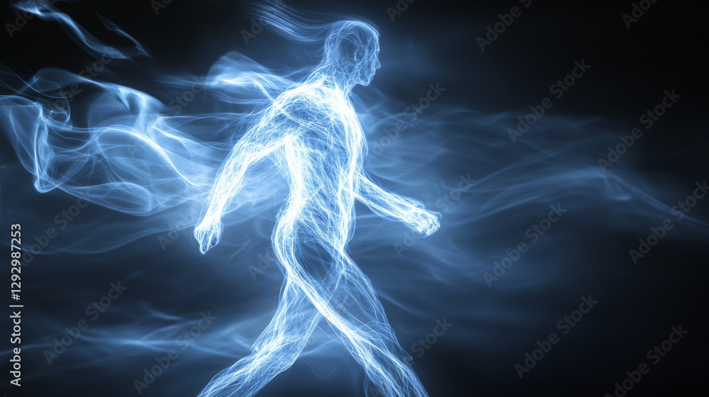 Poster glowing figure in motion, surrounded by abstract light trails, creates dynamic and ethereal atmosphe