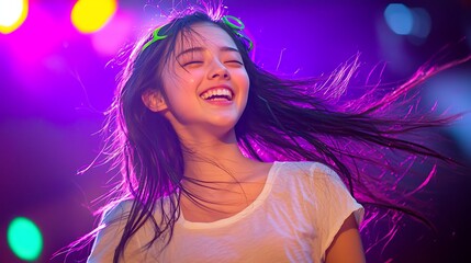 Naklejka premium Happy woman enjoying music festival at night
