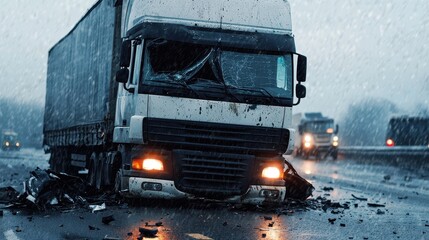 Truck Accident on Rainy Highway During Stormy Weather with Debris Scattered Across the Road