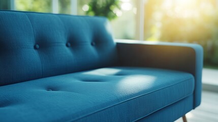 Modern living room with a blue sofa, embodying simplicity and contemporary design.