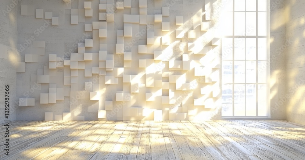 Aufkleber the scene is set with an empty light and dark background, where a white 3d wall with geometric textu