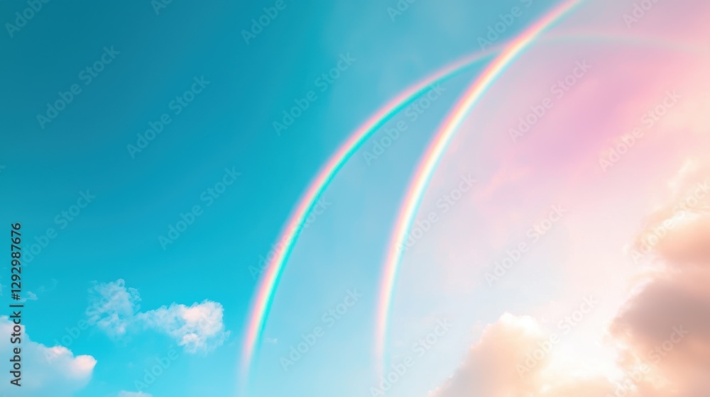Poster two distinct rainbows arching across the sky, with the secondary rainbow displaying reversed colors,