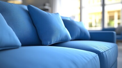 Modern living room with a blue sofa, embodying simplicity and contemporary design.