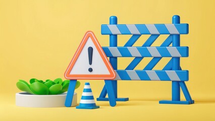 Colorful construction barrier and caution sign with green plant on vibrant yellow background