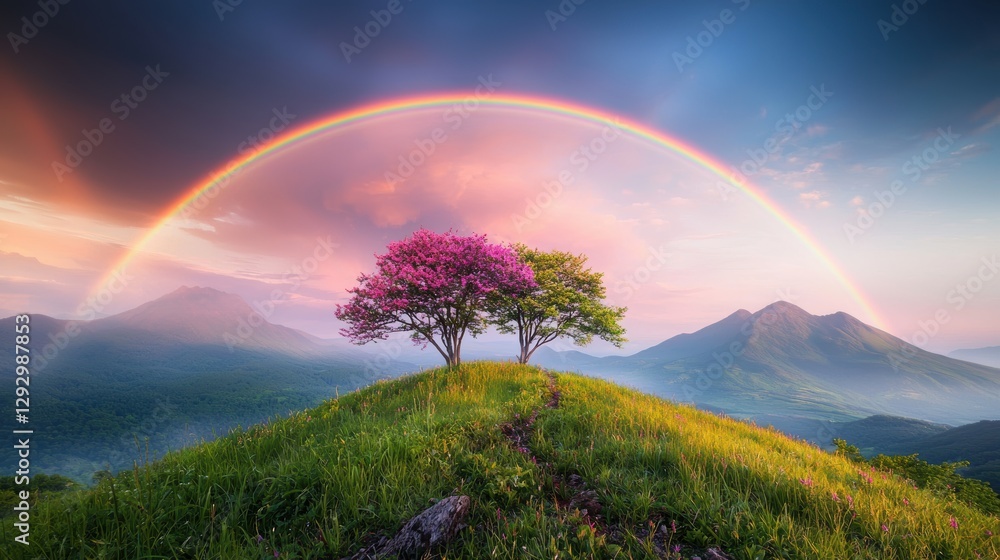Poster a panoramic view of a double rainbow over a mountain range, with the colorful arcs stretching across