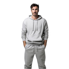 Fototapeta premium A man wearing a gray sweatshirt and gray pants. isolated on transparent background