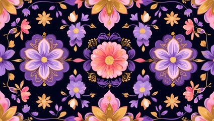 Fototapeta premium Ornate Purple and Gold Floral Motif on Dark Background, Seamless Symmetrical Pattern, Perfect for Elegant Fabric and Wallpaper
