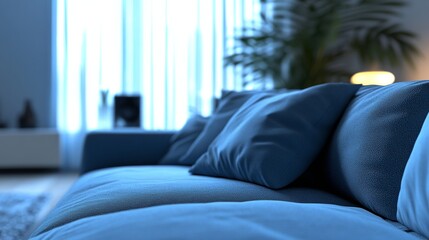 Modern living room with a blue sofa, embodying simplicity and contemporary design.