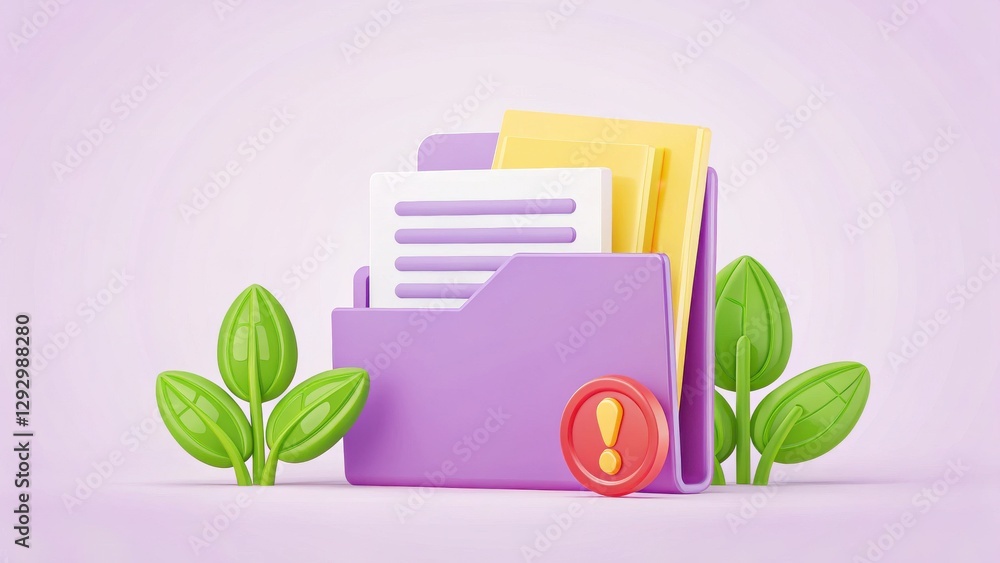 Poster colorful file folder with warning symbol and greenery on soft purple background for digital storage