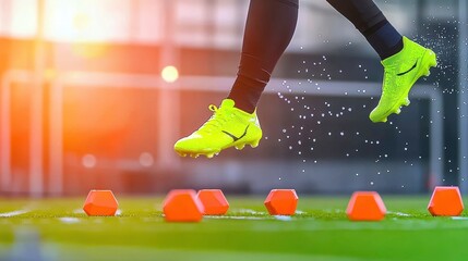 A dynamic athlete practices agility drills, leaping over orange cones on a green field, showcasing vibrant yellow cleats under a golden sunset.