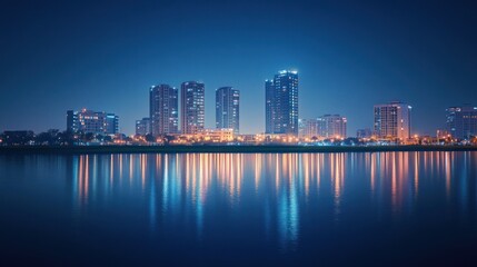 Naklejka premium Night cityscape, river reflection, urban skyline, calm waters, tranquil scene