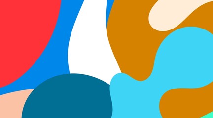 The abstract illustration features organic forms in a balanced palette of white, gray, orange, blue, and subtle red accents. This combination of neutral and vibrant colors creates a contemporary.
