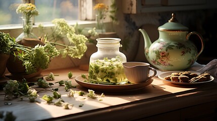 Serene Herbal Tea Preparation: A Rustic Still Life