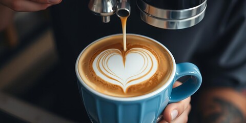 Latte art of heart design on a cappuccino by skilled barista, barista, skilled