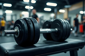 Fototapeta premium Close-Up of Heavy Dumbbell on Training Bench in Modern Gym Setting with Athletes Focused on Their Workout
