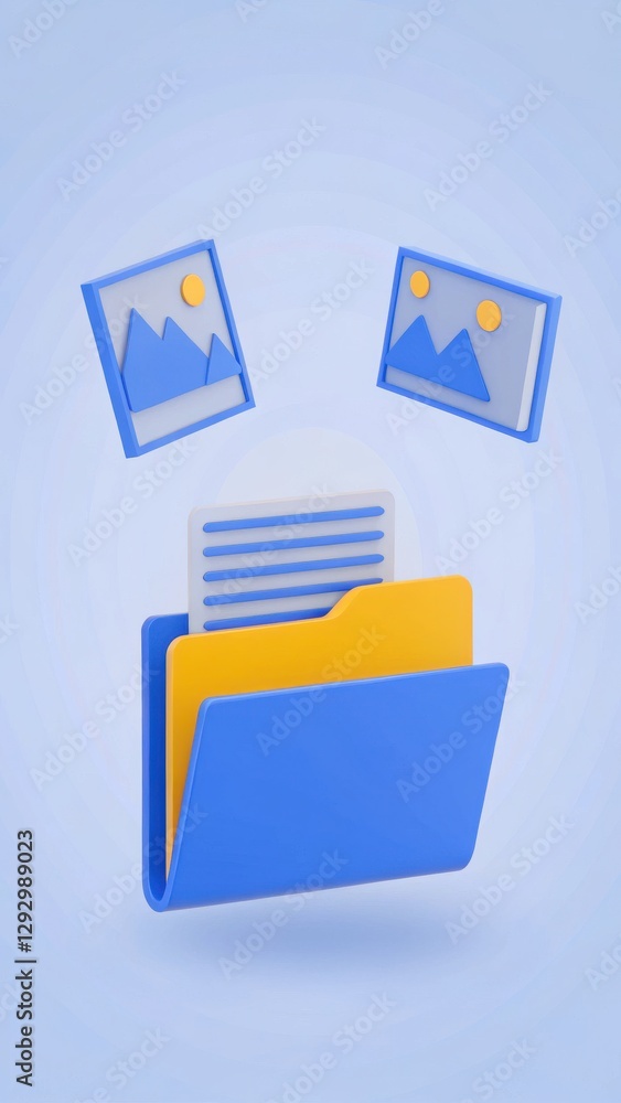 Poster colorful digital folder icon with images representing file organization and management