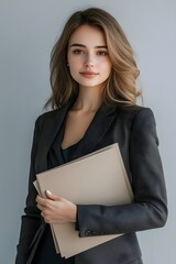 Obraz premium Elegant and Composed Businesswoman Holding Documents in Office Setting