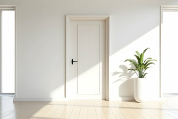 Minimalist Interior Design Featuring A White Door And Indoor Plant Bathed In Natural Light