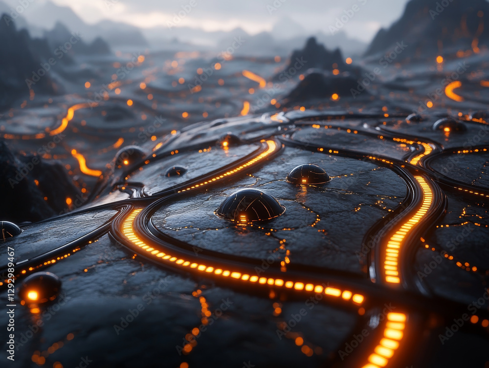 Aufkleber intricate landscape of glowing data nodes and flowing energy lines creates mesmerizing view of futur