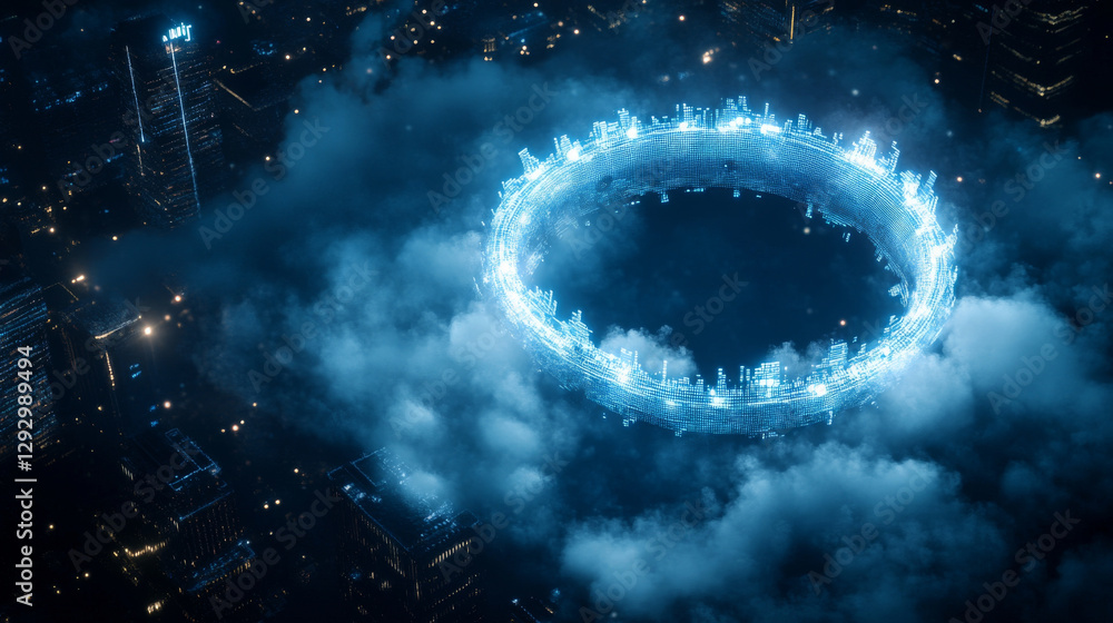 Aufkleber futuristic circular structure glowing in blue emerges from clouds above cityscape, creating mesmerizing visual effect
