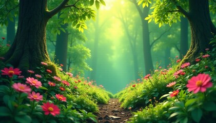 Obraz premium Lush green forest with blooming flowers and vibrant colors, foliage, spring, vibrant