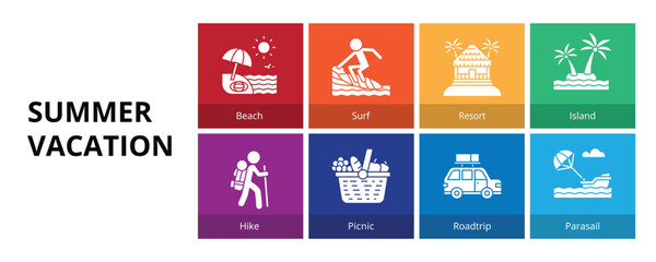 Summer Vacation Glyph Solid Banner Web Icon Set Vector Illustration, Resort Beach Picnic Island Road trip Hike Parasail Surf