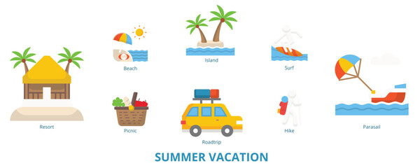 Obraz premium Summer Vacation Flat Banner Web Icon Set Vector Illustration, Resort Beach Picnic Island Road trip Hike Parasail Surf