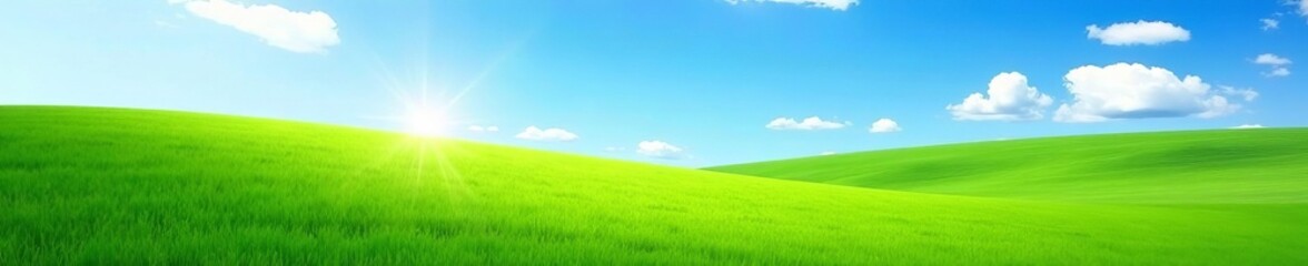 Fototapeta premium Lush green grass field under blue sky in springtime, season, blue sky, landscape