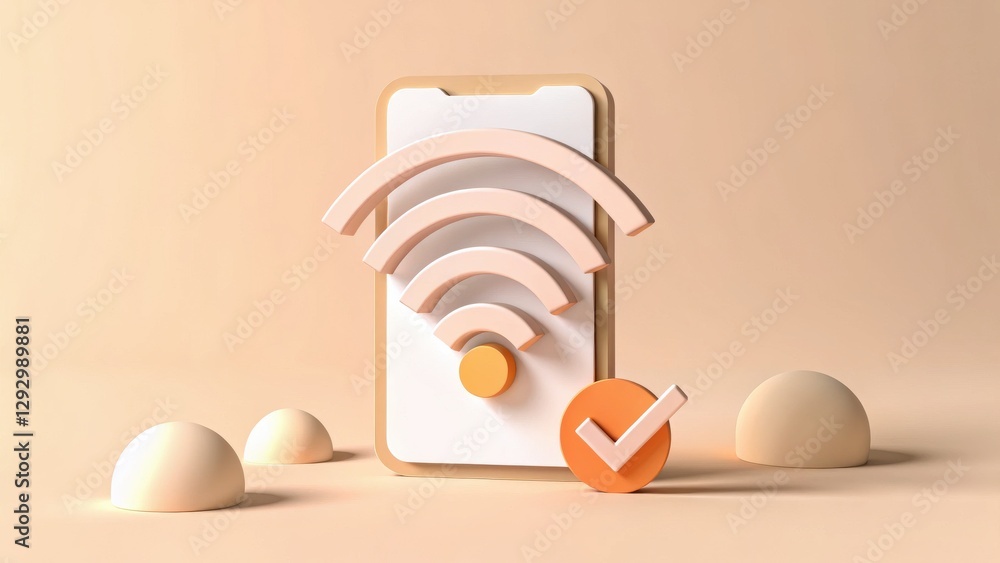 Poster abstract concept of mobile connectivity with signal waves and checkmark icon on minimal background