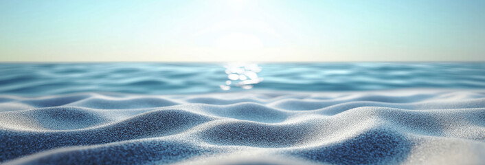 Seascape abstract beach background. blur of calm sea and sky, focus on sand foreground, summer vacation concept. Created with Generative AI.