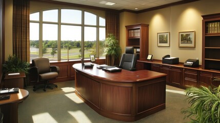 A Professional Office Interior Displaying Wood Furniture And Large Windows