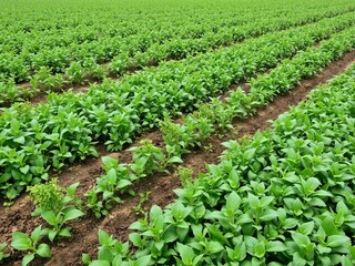 Lush green organic farm with rows of crops and clear blue sky in the background, healthy, fresh