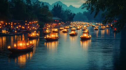 Obraz premium Illuminated lanterns float on serene river during vibrant festival, creating magical atmosphere