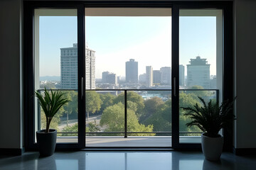 Fototapeta premium View of Urban Landscape from a Modern Balcony with Potted Plants on a Bright Sunny Day